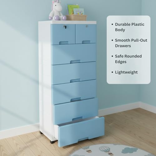 Image of The Tickle Toe Plastic Chest of 7 Drawers for Kids | Multipurpose Organizer for Boys in Blue Theme | Dresser Storage with 2 Locks | Glossy Finish | L51xW33xH121 cm | Blue