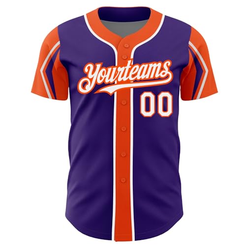 Camiseta de béisbol personalizada para hombres, mujeres, jóvenes y niños, color púrpura, blanco y naranja, con nombre, número y logo estampados y cosidos miniatura 2