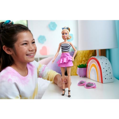 Image of Barbie Fashionistas Doll #213, Blonde with Striped Top, Pink Skirt & Sunglasses, 65th Anniversary Collectible Fashion Doll