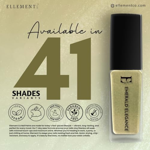 Image of Ellement Co Emerald Elegance Nail Paint for Women 10 ML | Metallic Green Gold Nail Colour | High Gloss Long Lasting Polish | Quick Dry Smooth Application | Chip Resistant Formula with Salon Like Finish | Vegan, Non-Toxic for Party & Festive
