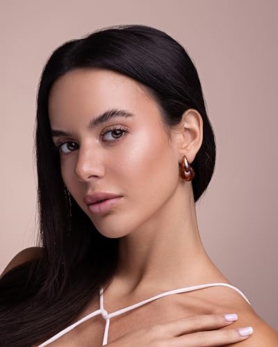 Brown Teardrop Water Drop Oval Chunky Colored Resin Tigers Eye Gemstone Statement Earrings for Women by SNGIA, Bold Drop Handmade Exaggerated Irregular Trendy Bohemian Stud Jewelry Gifts, Unique Dangling Baroque Stone Summer Beach Fashion Accessories, Round Vintage Thick Circular Nickle Free Huggies Hoop Earring.2