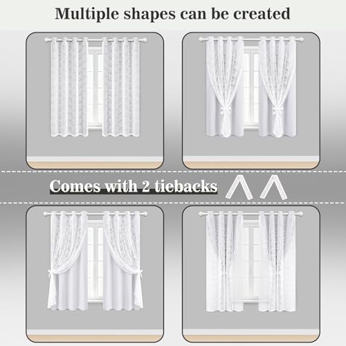 Image of Yinhua Blackout Curtains for Bedroom Double Layer Grey Curtains for Living Room 63 Inch Length 2 Panels Set Kid Curtain with Floral Sheer Overlay, Grommet Drapes with Tiebacks, 52 inch W x 63 inch L