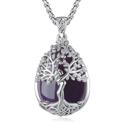 EUDORA Harmony Ball Collier Arbre de Vie en Améthyste pour Femmes Cuivre Argenté, Pendentif Arbre de la Déesse Mère en Cristal Bijou pour le Yoga et la...