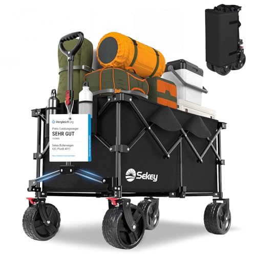 Sekey XXL Plus Bollerwagen Faltbar mit Bremsen 200L 200KG Belastbar, Extra Breite Reifen All Terrain Bollerwagen, Patentiert Zusammenfaltbar aus Vier Richtungen, XXL-PlusB 4011, Schwarz
