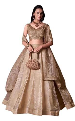 Image of JIHU CULTURE Women's Cream Gold Crush Silk Zari Embroidery Work Semi Stiched Lehenga Choli