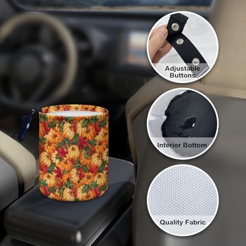 Image of Maple Leaves Pumpkins Trash Can for Car Auto Garbage Can for Back Seat Leak Proof with Adjustable Buttons Car Accessories for Women Interior