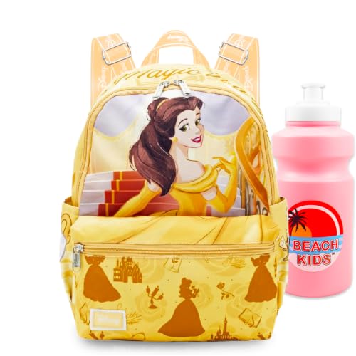 Disney Mochila A Bela E Fera Mini Para Mulheres - Princesa De 13' Com Bolso Frontal, Garrafa Água Bolsa