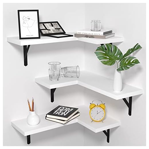 NATURE'S SOURCE Floating Corner Shelves Set of 3, Corner Shelves Wall Mounted, Floating Shelves for Bedroom Kitchen Living Room Bathroom Office- Gothic Style (White, Large)
