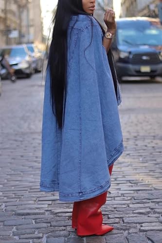 Vakkest Women's Long Jean Jacket Button Down Vintage Loose Poncho Lapel Neck Irregular Denim Trench Coat4