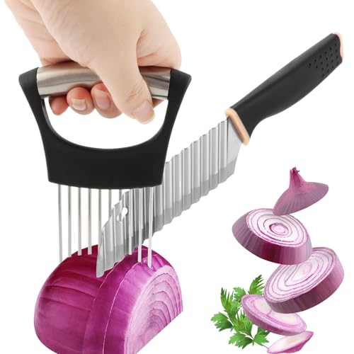 Crinkle Cutter Knife, Rubber Handle Stainless Steel Fries Cutter Slicer with Onion Holder, Vegetable Salad Chopping Knife Home Kitchen Wavy Blade Cutting Tool(Black) - Image 5