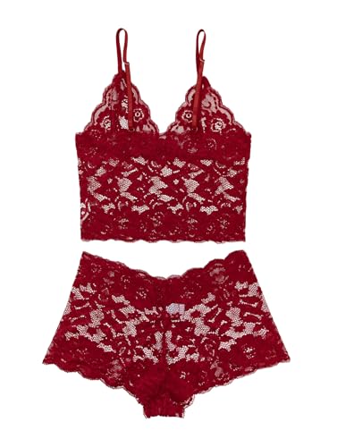 Image of Lilosy Sexy Sheer Floral Lace Pajamas Lingerie Set High Waist Sleepwear Bra and Panty 2 Piece Nightwear