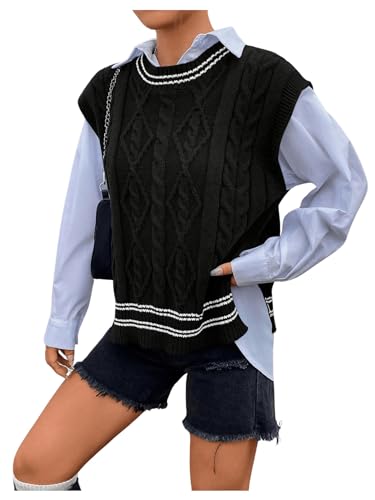 OYOANGLE Women's Cable Knit Round Neck Sleeveless Sweater Vests Side Split Casual Pullover Tops