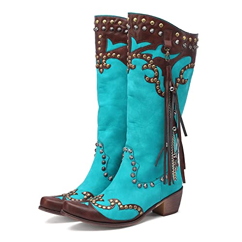 Image of YIYA Women's Star Cowboy Boots Black and White Cowgirl Boots with White Stars Pointed Toe Chunky Low Heel Pull-On Wide Calf Western Embroidered Boots