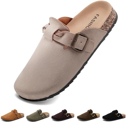 Image of Suede Clogs for Men Soft Cork Footbed Women's Clogs Mules with Arch Support, Adjustable Buckle Comfort Leather Potato Shoes, Slip-On Closed Toe Slippers