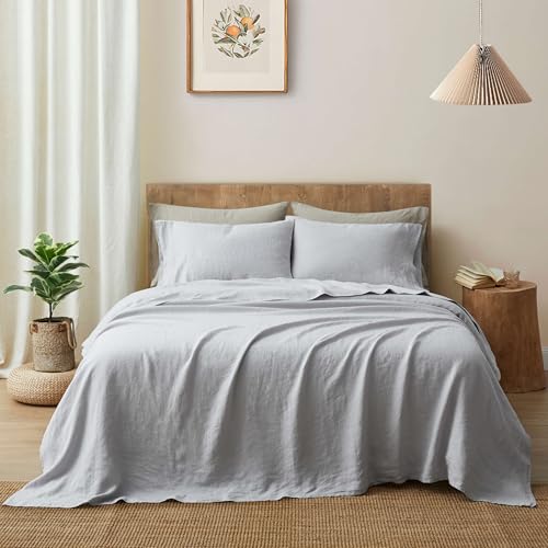 Image of ATLINIA 100% Pure Flax Linen Bedding Set - Stone Washed French Linen Fabric Deep Pocket Fitted Sheet Farmhouse Flat Sheet 2 Pillowcases (Light Grey, Full)