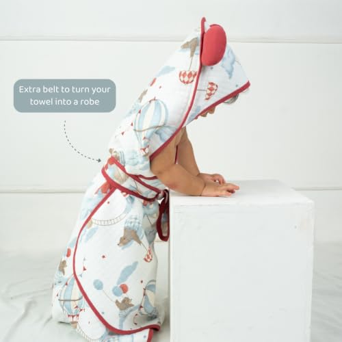 Image of haus & kinder Baby Hooded Wrapper for Newborn | 8 Layer Muslin Cotton Hooded Towel & Blanket with a Belt | Baby Towels for Infants & Toddler | 90 x 90 cm | Cloud Captain | 0-12 Months