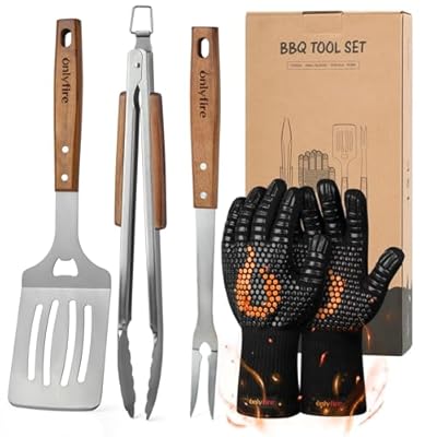 onlyfire 5-Piece Grill Tool Set, Stainless Steel Griddle Accessories for Outdoor Camp Chef, Multifunctional Grill Utensil Set Including Grill Spatula, Meat Fork, Barbecue Tong and BBQ Gloves