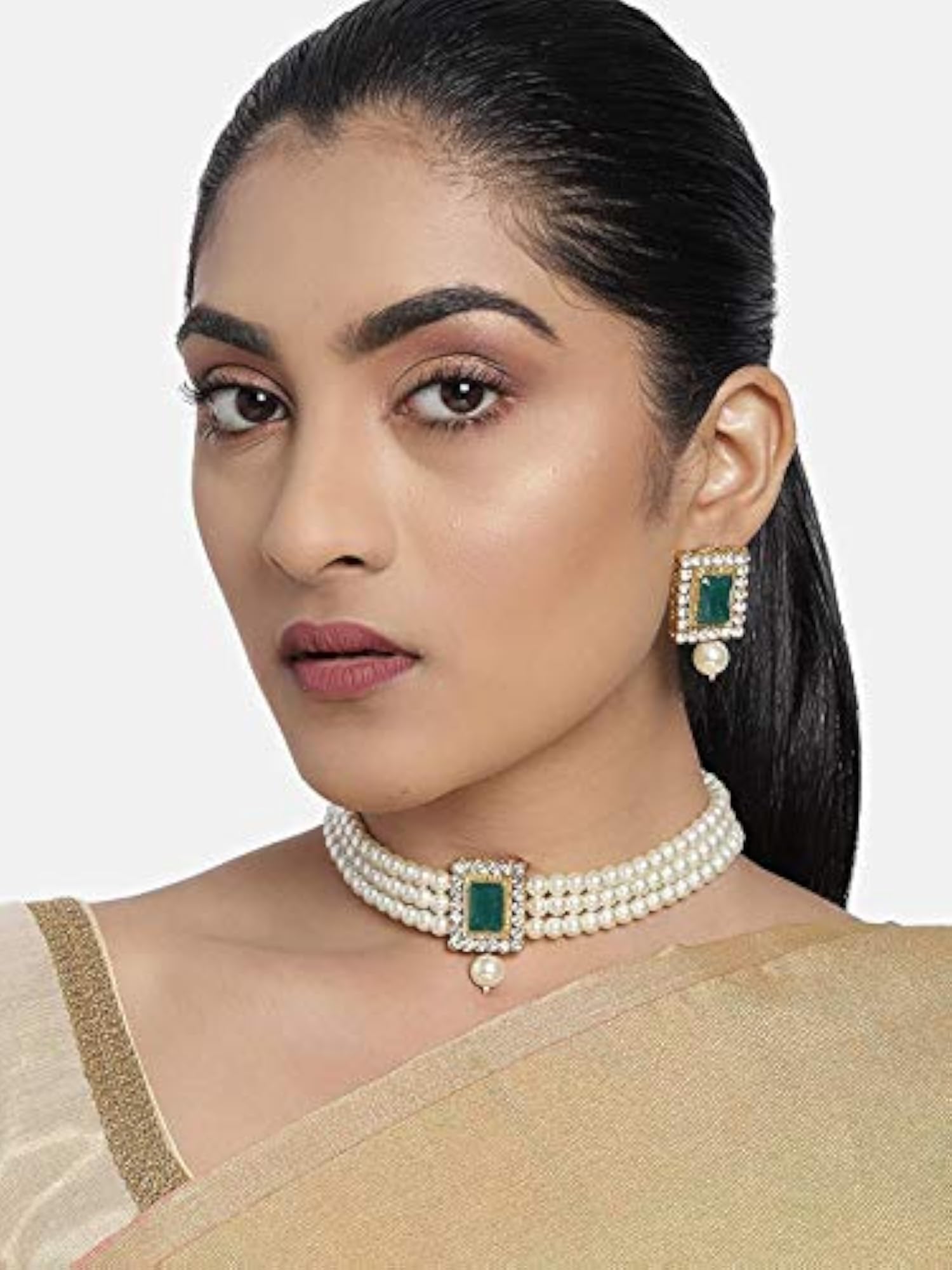 Traditional Stone Pearl Choker Necklace Set (ML237G)
