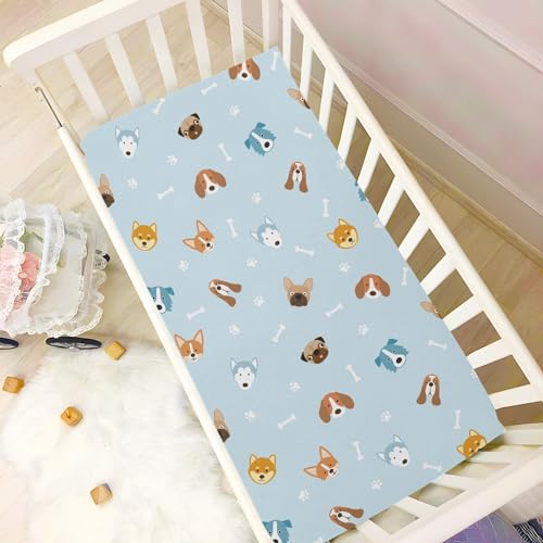 Image of Fitted Crib Sheets Dog Blue Footprint Bone Stretchy Portable Playard Sheets for Baby Toddler, Breathable Soft Mini Crib Mattress 39 x 27 in for Boys and Girls