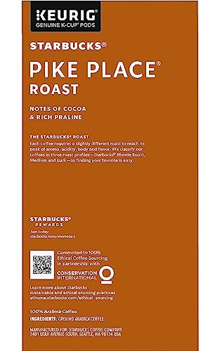 Image of Starbucks Coffee K-Cup Pods for Keurig Brewers, Pike Place Roast, Medium Roast (32 Count (Pack of 6))