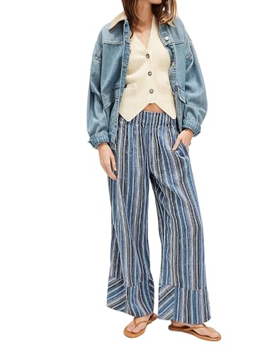 Juakoso Women Striped Wide Leg Pants Loose Elastic Waist Lounge Pants Boho Flowy Straight Leg Casual Trousers with Pockets