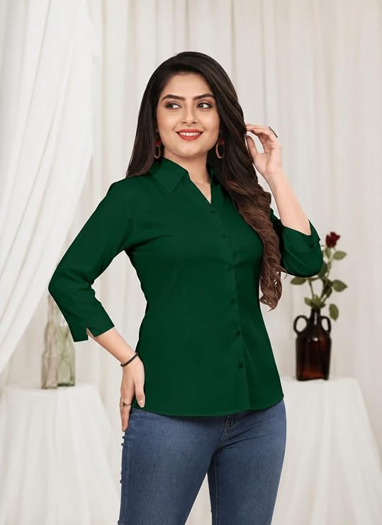 Image of Women's Formal Collared Shirt | Solid Office Wear Button-Up Top | Regular Fit 3 /4 Sleeve Business Shirt for Work & Casual Wear