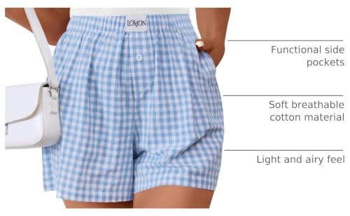 Image of LOMON Boxer Shorts for Women Summer Gingham Pajamas 2026 Lounge Sleep Pj Plaid Shorts Y2K Beach Bottoms with Pockets