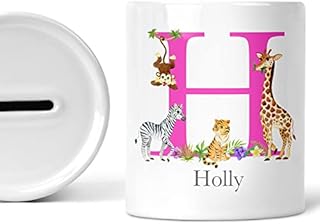 Gift For Girls Personalised Initial Gifts Kids Jungle Animal Piggy Bank Pink Girl Present Kids Money Box Custom Name Savings Jar Decor Coin Box Childrens Money Bank Bedroom Accessories Ceramic