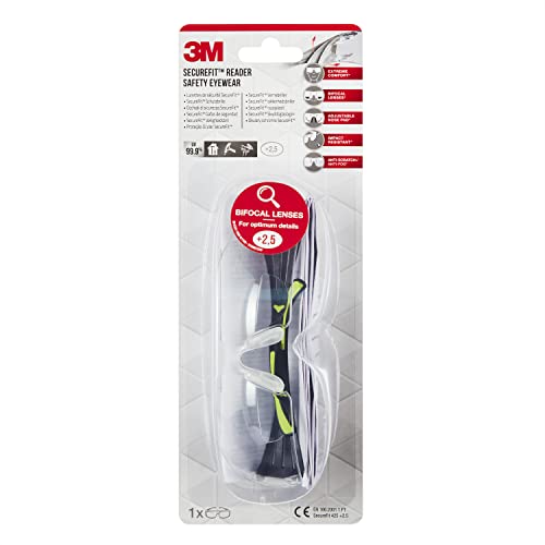 3M SecureFit SF425 Gafas de seguridad graduadas, +2,5 dioptrías, antirrayaduras, lente incolora, 1/PCK, 6PCK/CV