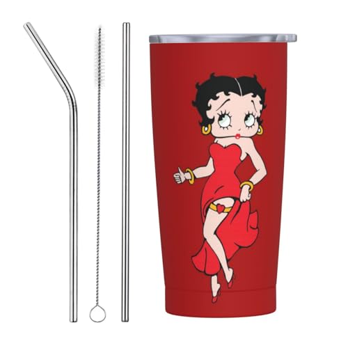 ベティブープ アニメ ストロー&ストローブラシ付き マグカップ コーヒーカップ 600ml コンビニカップ タンブラー ステンレス製 保冷 保温 車用 蓋付き 持ち運び 水筒 大容量 直飲み キャラクター 人気 プレゼント