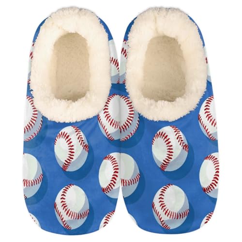 Baseball Blue House Slippers for Women Men, Baseball Sprots Theme Fuzzy Soft Cozy Non Slip Slipper Socks