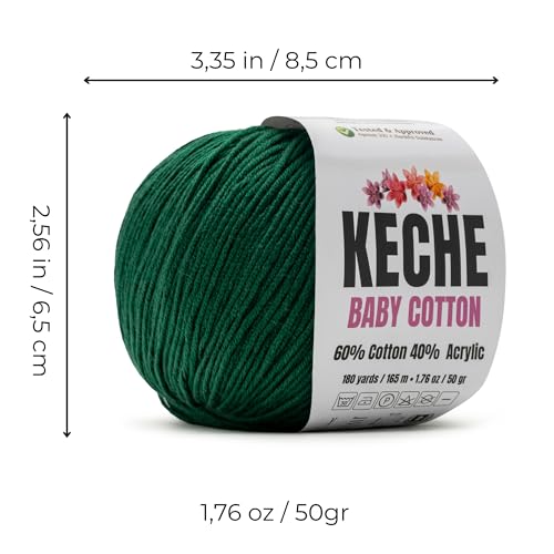 Image of Keche Baby Cotton, 60% Cotton 40% Acrylic Yarn, Soft Cotton Yarn for Crochet and Knitting, Amigurumi Yarn 1 Skein /Ball 1.76 Oz (50g) / 180 Yrds (165m) - Dark Green