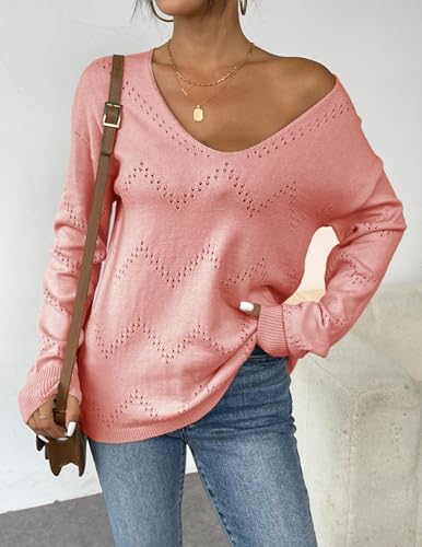 Image of Zeagoo Womens Sweaters Fall Trendy Casual Long Sleeve Shirt Lightweight V Neck Off Shoulder Crochet Pullover Top Outfit