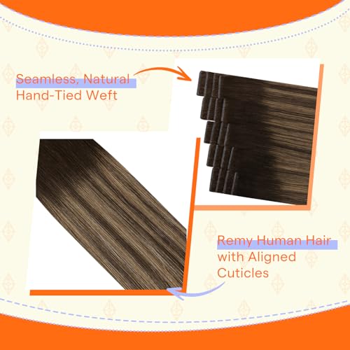 Image of Full Shine Hand Tied Invisible Tape in Hair Extensions,Remy Human Hair,2 /8 /2 Dark Brown to Ash Brown Balayage,40g 20Pcs 14 Inch,Seamless Skin Weft Tape in Extensions for Party and Night Out