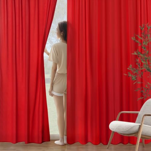 Image of MIULEE Red Semi Sheer Privacy Curtains Drapes 2 Panels 52W x 72L