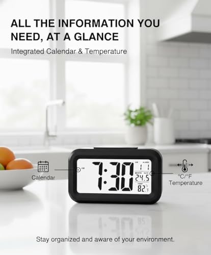 Image of Digital Alarm Clock with Large LED Display, Smart Night Light Sensor, Snooze Function, Date Temperature Calendar, Battery Operated Bedside Desk Clock (Black)