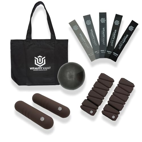 Vitality Vault Pilates Pro Power Pack - Workout Essentials - 2.2lb Hand Weights, 2.2lb Ankle Weights/Wrist Weights, Resistance bands, Pilates Ball, Canvas Tote Bag - For Beginners or Advanced - Home or Gym/Studio Use. (Chocolate)