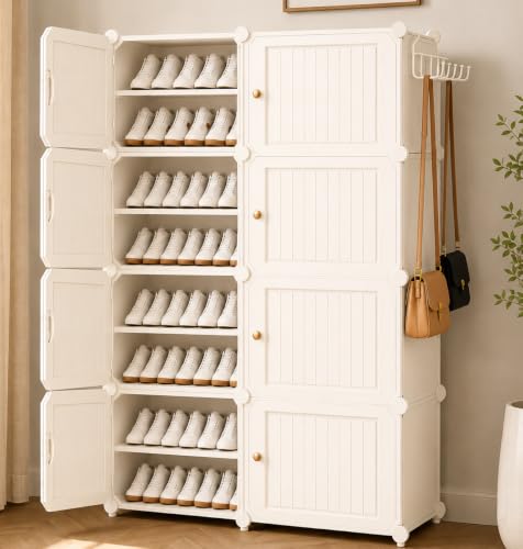 Image of Mevigo Plastic Shoe Rack for Home with Door | 9 Tier Stackable Shoe Organizer | Holds 18-Pairs |Waterproof & Dustproof | DIY Modular Shoe Cabinet |Chappal Slipper Stand (White-HX2, 16- Layer)
