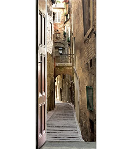 Sticker porte, trompe l'oeil rue piétonne, porte en bois sur une ruelle, 204 cm X 60 cm
