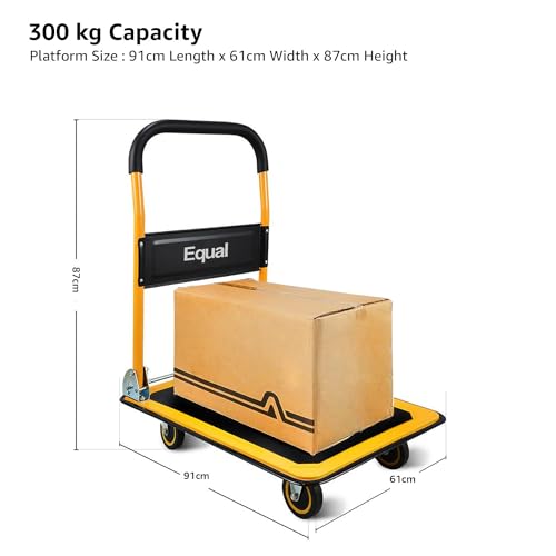 Image of Equal 300kg Capacity Steel Foldable Platform Trolley for Heavy Weight /Material Handling Goods Trolley for Home, Office, Warehouse & Industries - 61cm x 91cm (5 inch Wheel /Yellow Color)