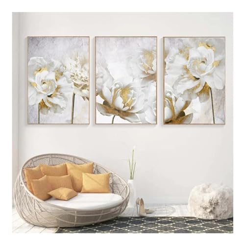Art mural abstrait moderne or fleurs en fleurs grand format 3 pièces 65x85cm sans cadre