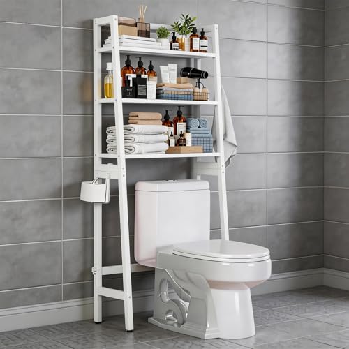 PHOARTS Over The Toilet Storage, Wooden 3-Tier Over-The-Toilet Rack Bathroom Space Saver Organizer, Freestanding Above Toilet with Toilet Paper Holder and Hooks (White)