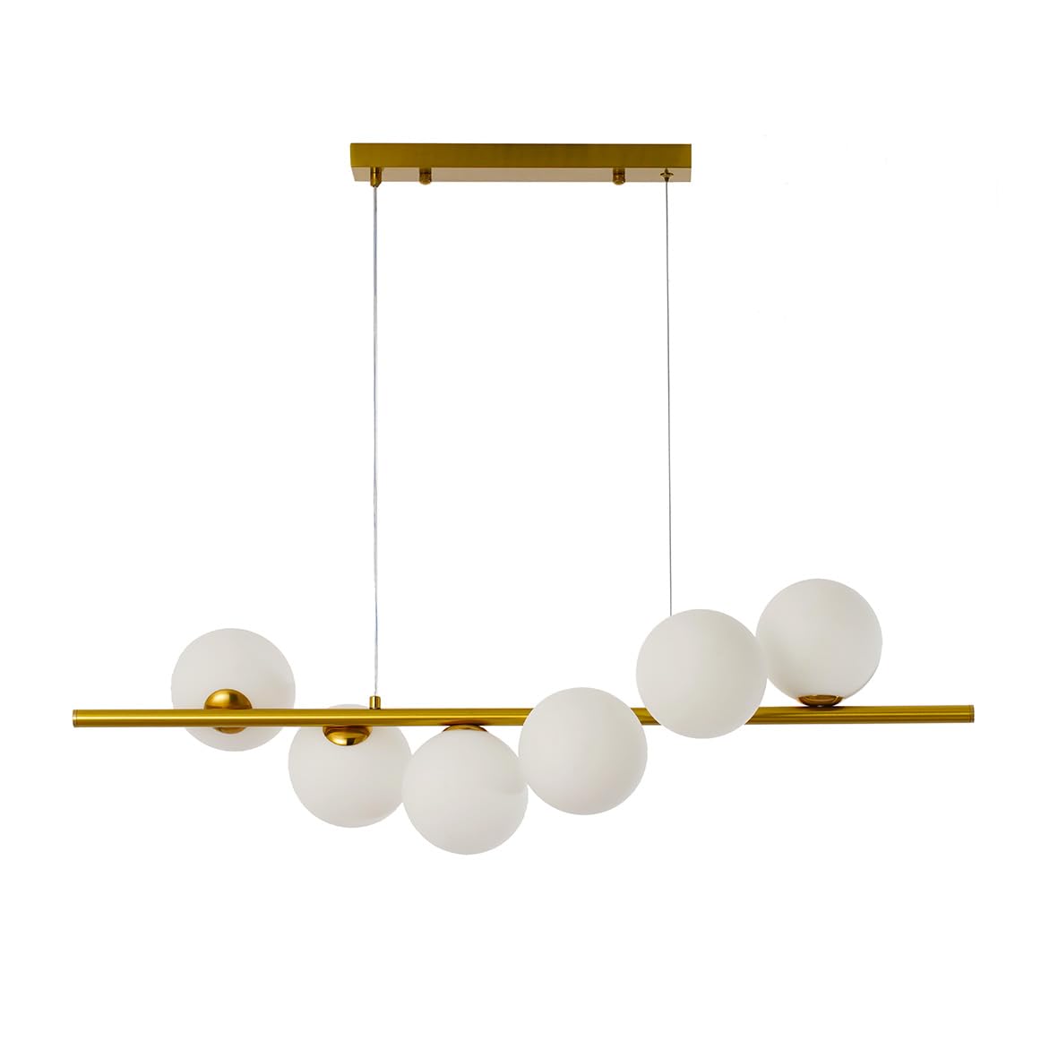 Lampadario Moderno a Sospensione, 6 Sfere Bianco Opaco, Barra Lineare Oro, Illuminazione per Sala da Pranzo cucina isola