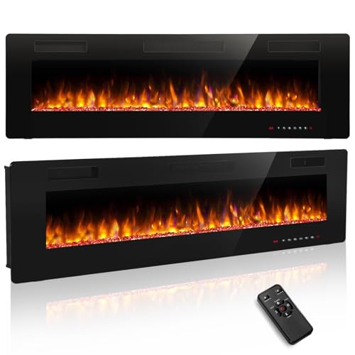 R.W.FLAME 60 Media Wall Electric Fireplace Ultra-Thin Recessed & Wall Mounted Fire with 12 Colors Flame Effect 5 Speeds 1000/2000W Heater Remote Control for Living Room