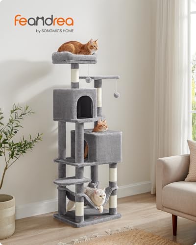 Image of Feandrea Cat Tree, 59.5-Inch Tall Cat Tower, Plush Multi-Level Condo with 5 Scratching Posts, 2 Perches, 2 Caves, Hammock, 2 Pompoms, Light Gray UPCT192W01