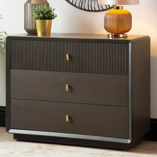 Levon Artisan Luxury Smoke Grey Elm Wood 3 Drawer Chest of Drawers Modern Fluted Wooden Dresser with Gold Handles Bedroom Storage Cabinet-image-27