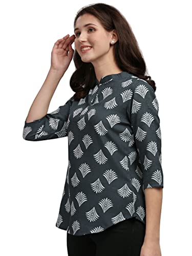 Image of NAINVISH Cotton Blend Tops for Women | Tops for Women Printed Shirt Top for Women Slim Fit | Office Wear Tops for Women | Mandarin Collar Top