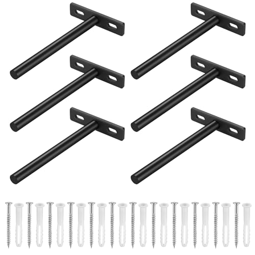 6 Pcs Soporte Estanteria Pared Flotante, Soportes para Estantes,Soporte Baldas Pared, Escuadras Estanterias, Escuadras para Estanterias Madera en T Invisibles para Estantería, Noir, 124 x 70 mm