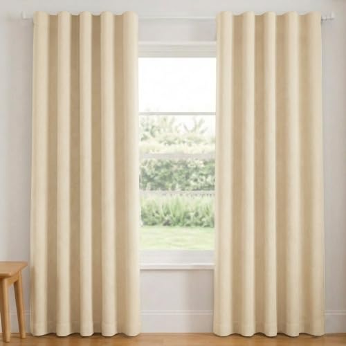 Image of FRESH FROM LOOM 6 ft | Non-Ring Curtains | 100% Blackout | Premium | Non-Ring Curtains | S-Wave Pleat | Parda | Light Block Blackout Parde | (Cream | 6 Feet Long, Set of 2)