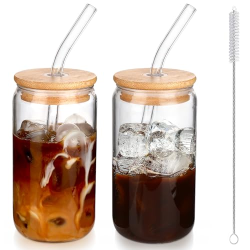 Comparison: 12 Best Iced Coffee Cups Reusable Glass And With Lids And Straws 7 DWTS DANWEITESI Iced Coffee Cups with Lids 2 pcs,16 oz Glass Cups with Lids and Straws as Coffee Bar Accessories,Beer Drinking Glasses,Reusable Glass Tumbler,Cute Coffee Cups for Coffee, Juice, Gifts